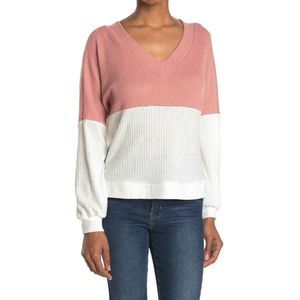 CENY Womens Rose White Colorblock Waffle Knit Light Pullover V-neck Sweater NEW